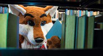 Image of Frankie the fox looking between a book shelf in the library.